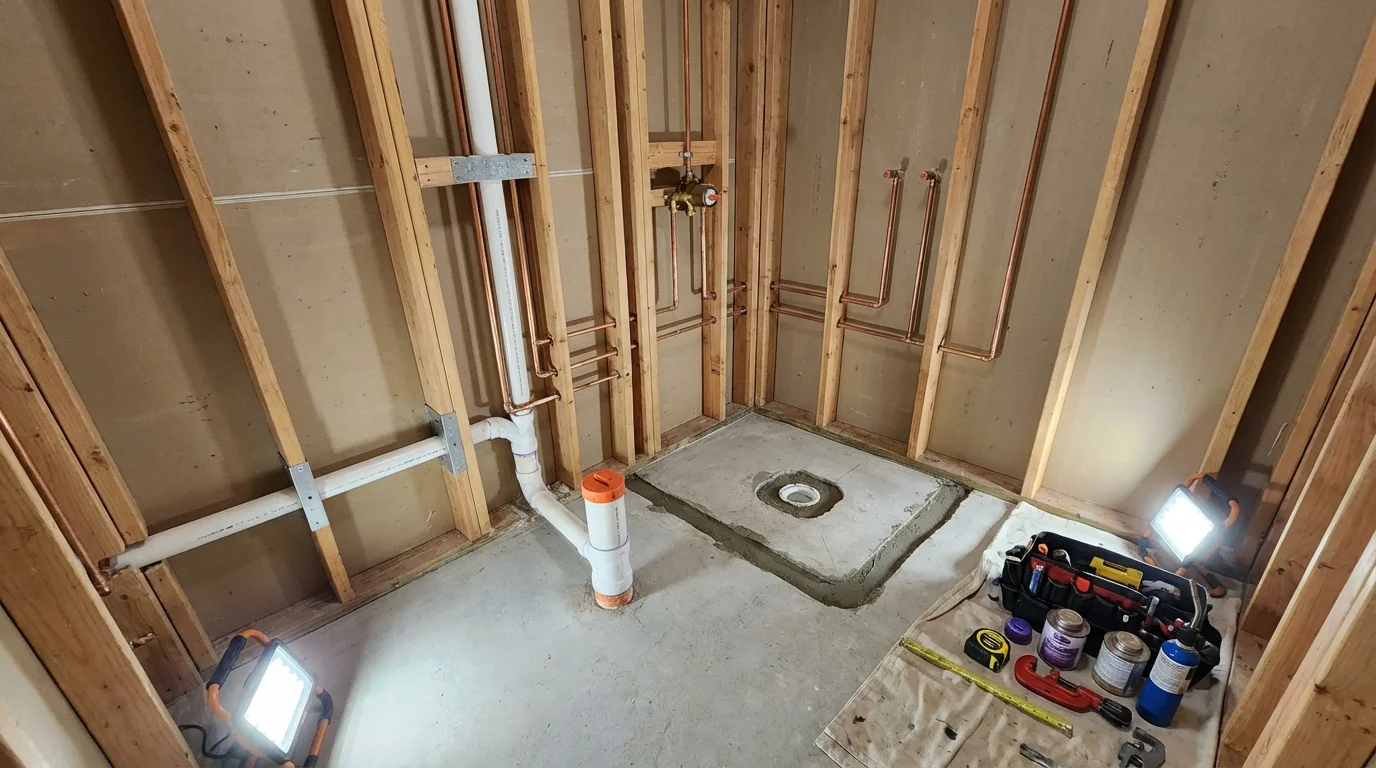Bathroom rough-in plumbing during remodel by Johns Plumbing LLC in Kittredge