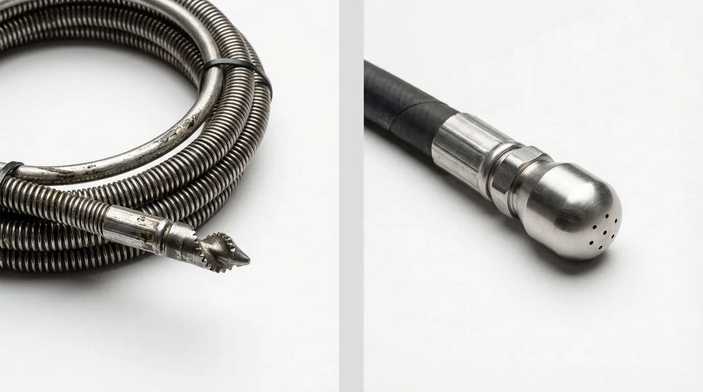 Drain snake cable and hydro jetting nozzle used for drain cleaning in Kittredge, CO