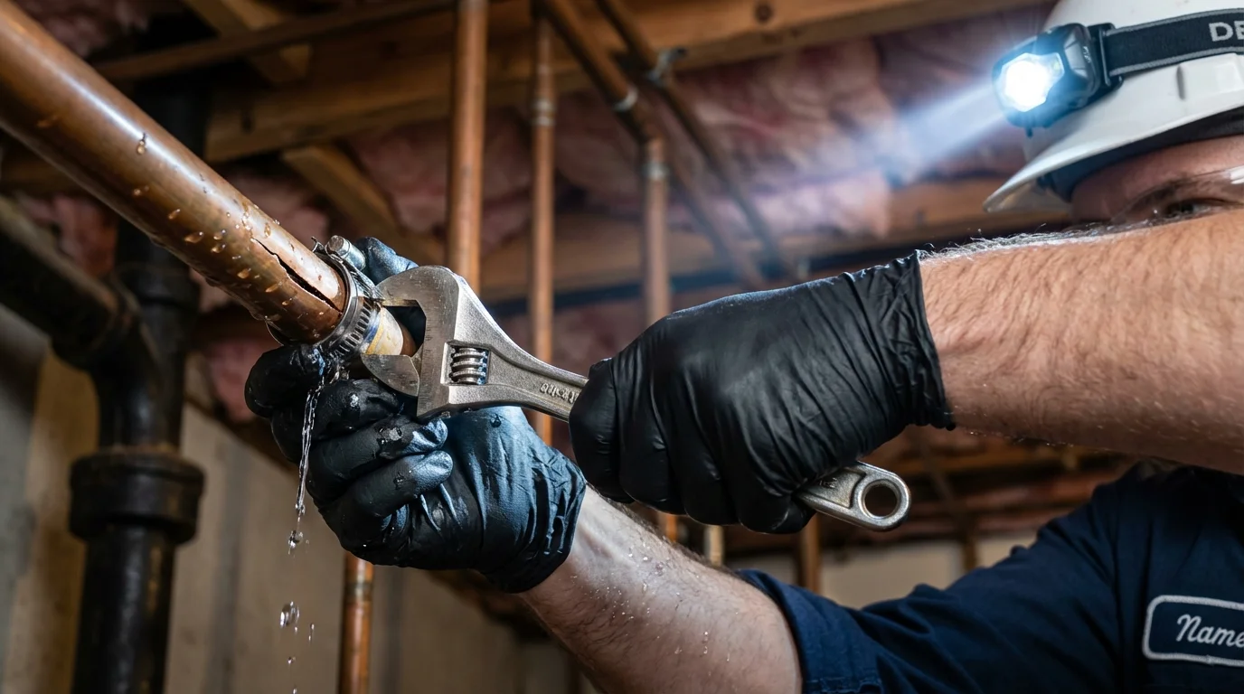 Emergency pipe clamp repair being performed by a Johns Plumbing LLC plumber in Kittredge