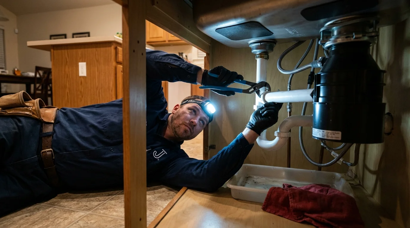 P-trap and supply line connections under a kitchen sink showing a common leak point in Kittredge, CO